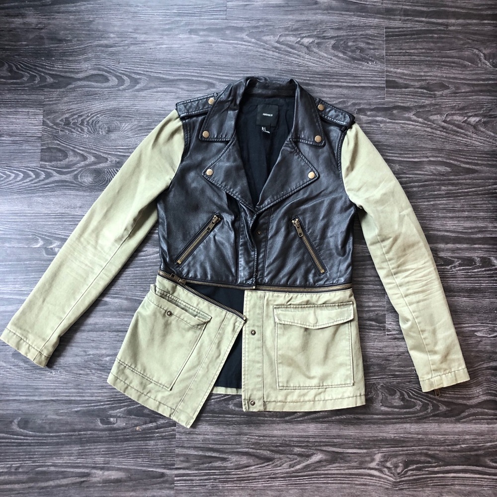 Olive canvas and leather jacket with zipoff bottom